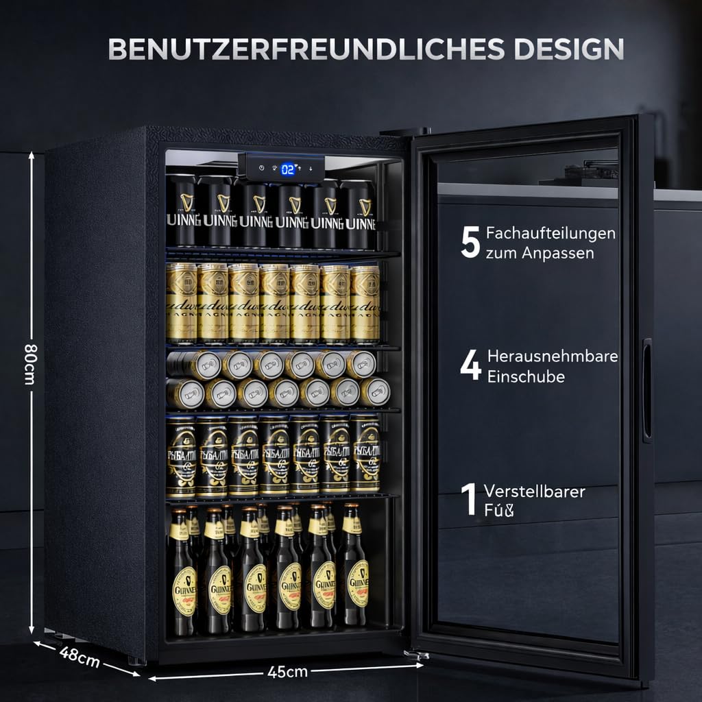Getränkekühlschrank 86 L freistehend mit 4 verstellbaren Ablagen digitaler Temperaturregelung 1–18 °C LED-Beleuchtung und Frostfrei