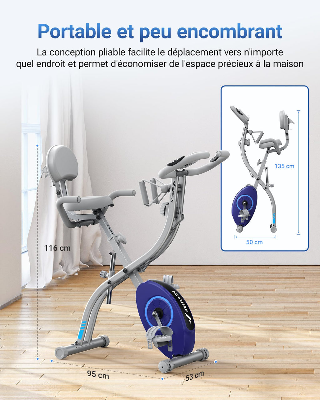 Vélo d'appartement pliable MR-S15H1 résistance magnétique 16 niveaux écran LCD avec application et bande de résistance