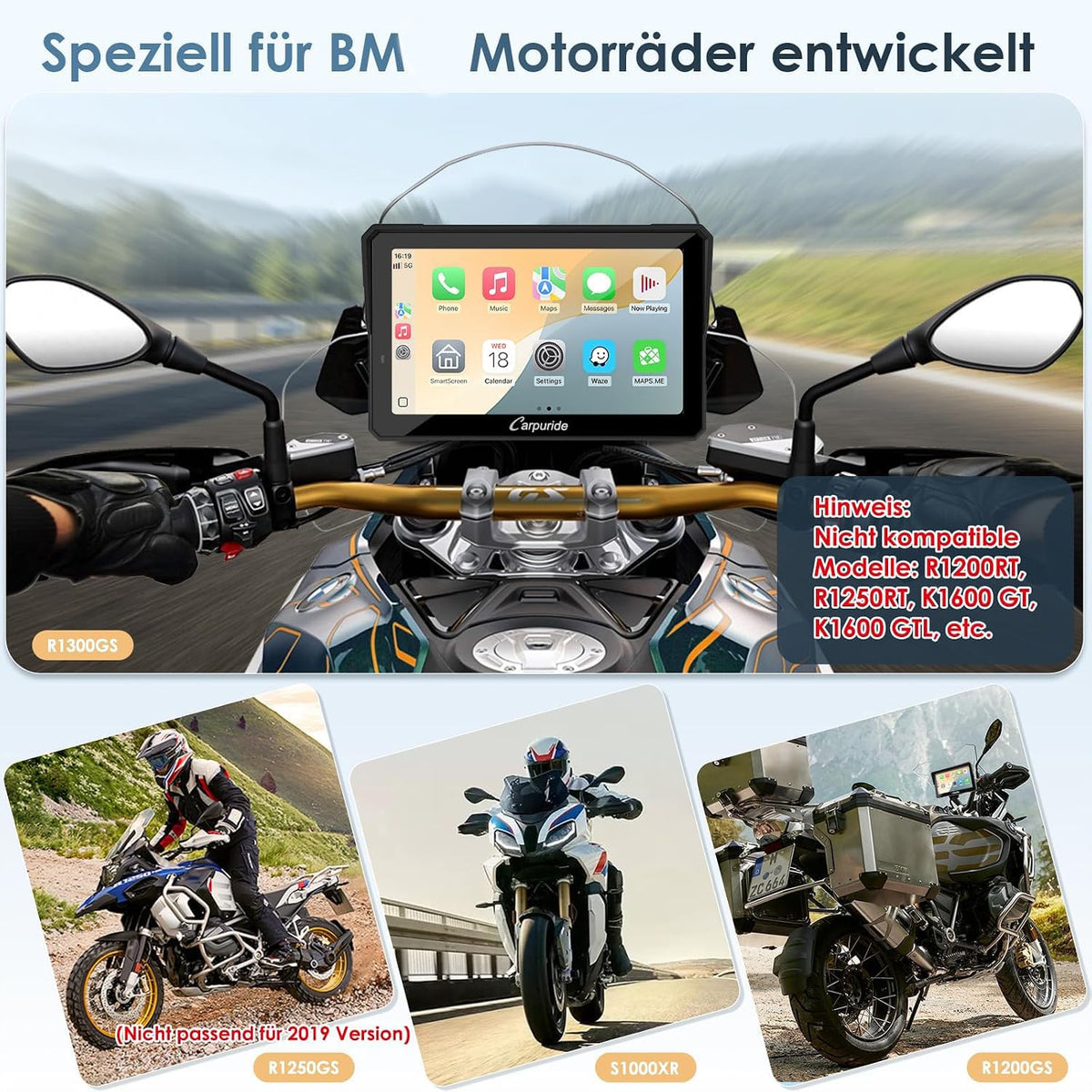 Motorrad CarPlay Display 702BS Pro 7 Zoll 1024 x 600 Wireless CarPlay Android Auto für BMW R1200GS R1250GS S1000XR R1300GS