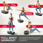 Vibrationsplatte mit leiser Motor, 180 Stufen und 7+1 Programmen inkl. Yoga, Bluetooth-Lautsprecher und Fernbedienung