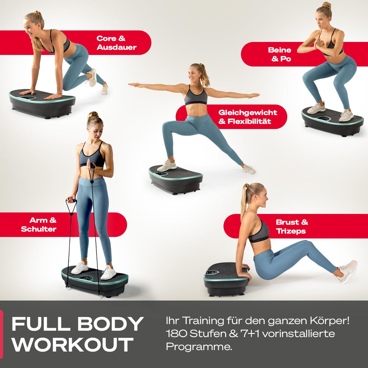 Vibrationsplatte mit leiser Motor, 180 Stufen und 7+1 Programmen inkl. Yoga, Bluetooth-Lautsprecher und Fernbedienung