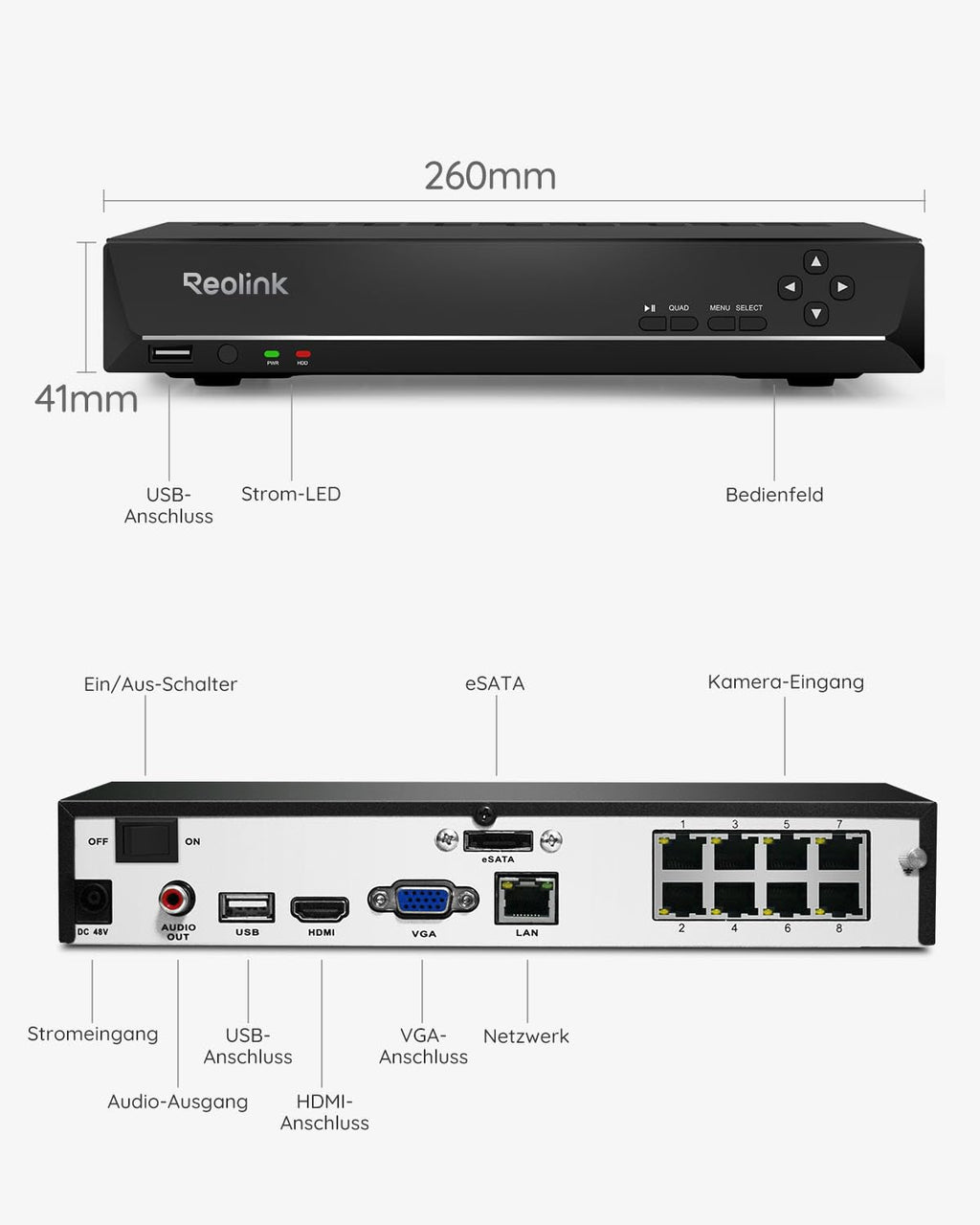 8-Kanal-PoE-NVR Überwachungsrekorder mit 2TB Festplatte, RLN8-410, für bis zu 12 Kameras