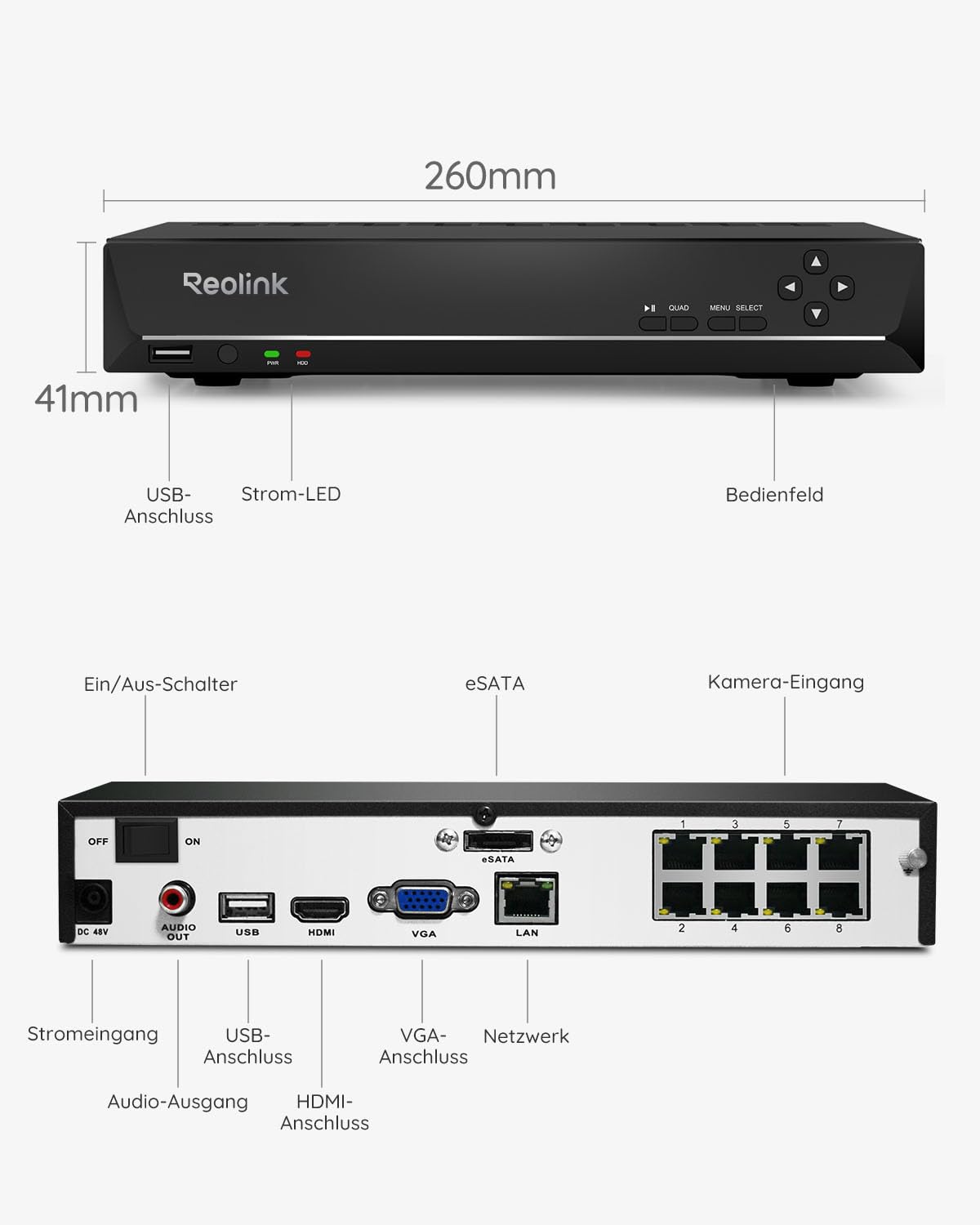8-Kanal-PoE-NVR Überwachungsrekorder mit 2TB Festplatte, RLN8-410, für bis zu 12 Kameras