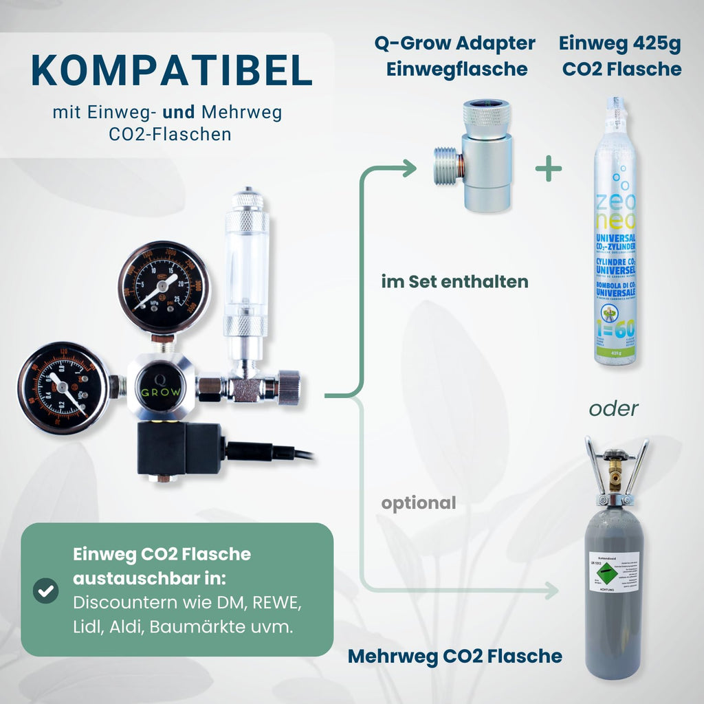 CO2 Anlage Aquarium Komplettset mit 425 g CO2 Flasche Druckminderer Diffusor Dauertest für Aquarien 20 bis 1000 L
