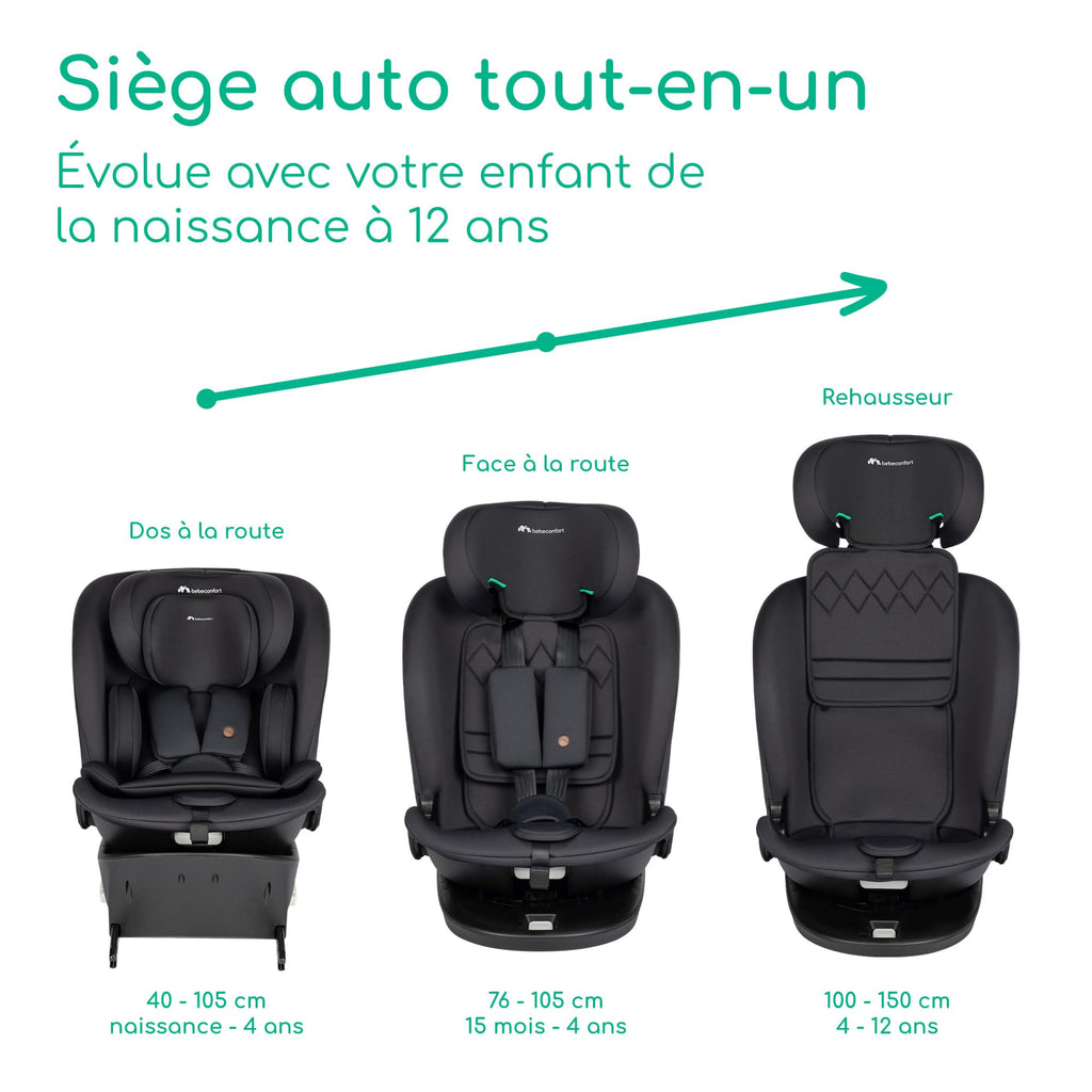 Siège auto pivotant 360 i-Size 0-12 ans 40-150 cm ISOFIX avec Top Tether 6 positions d'inclinaison et appui-tête réglable 12 positions