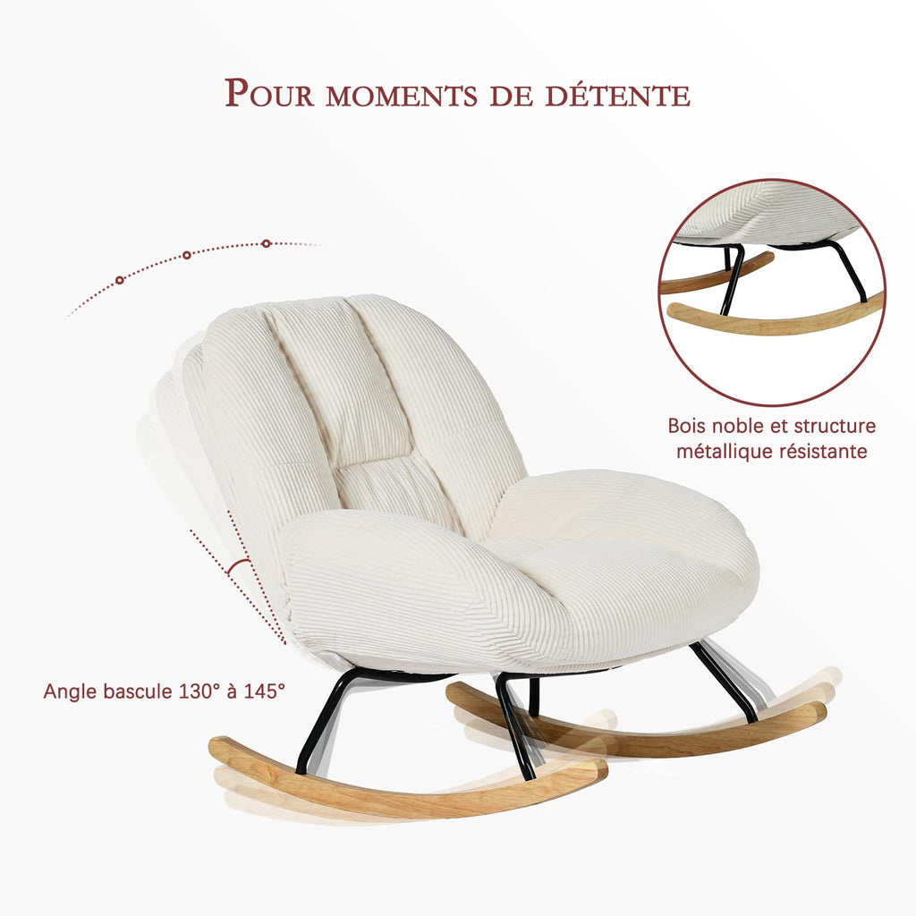 Fauteuil à bascule scandinave en velours côtelé rembourré avec dossier haut accoudoirs ergonomiques pour salon chambre beige