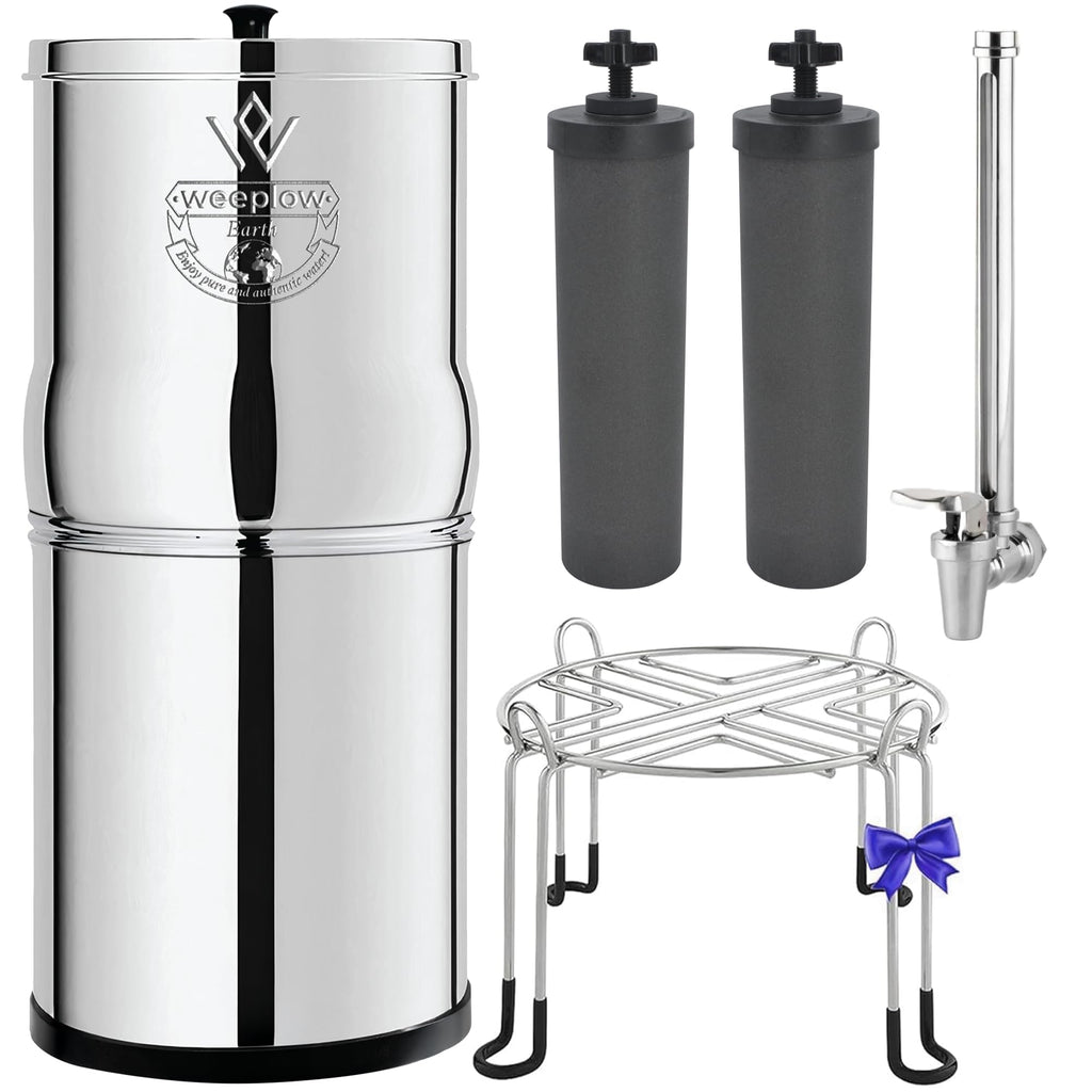 Système de filtration d'eau par gravité Earth WEEP850 8,5 L en acier inoxydable AISI 304 avec 2 filtres O'Pure 2 et robinet indicateur de niveau