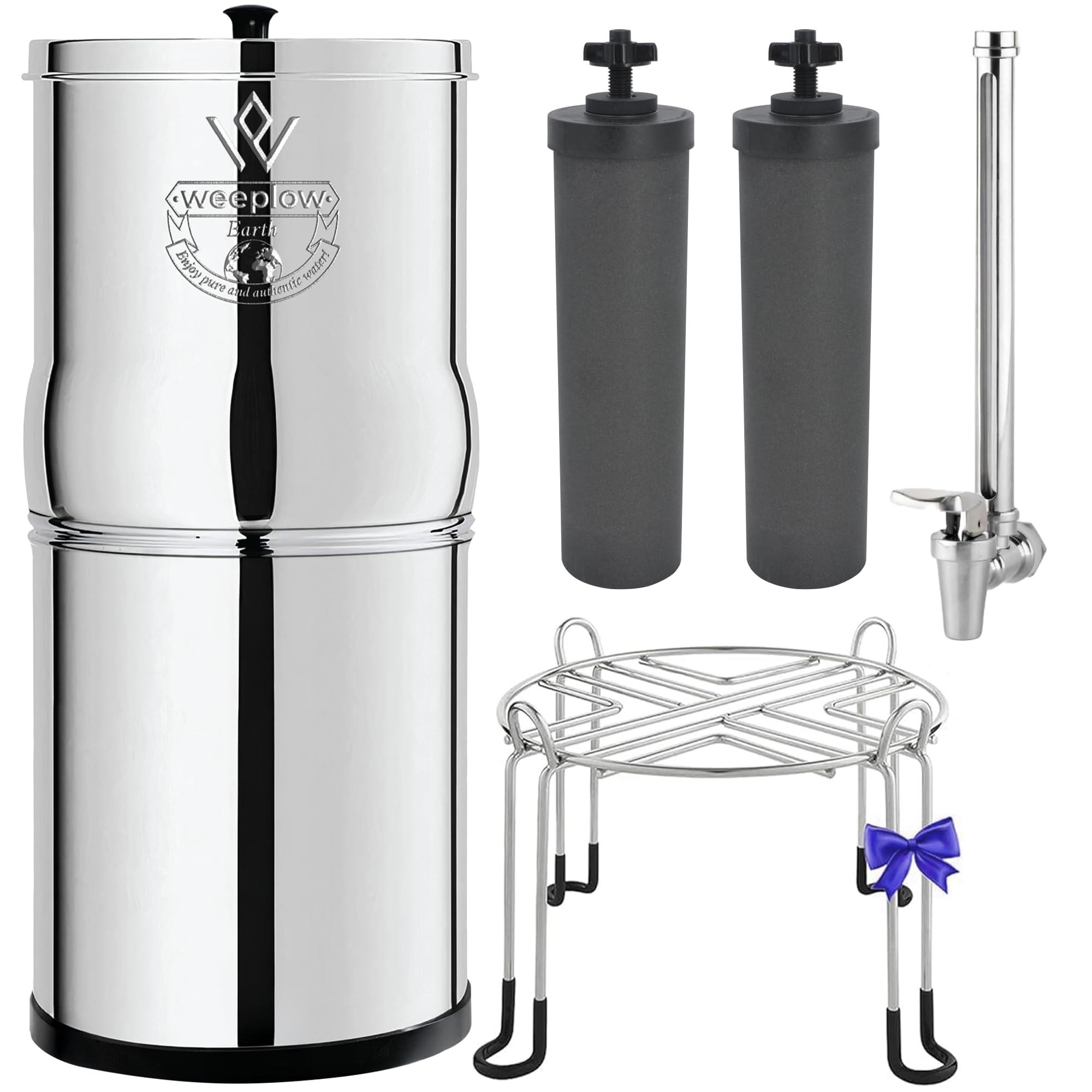 Système de filtration d'eau par gravité Earth WEEP850 8,5 L en acier inoxydable AISI 304 avec 2 filtres O'Pure 2 et robinet indicateur de niveau