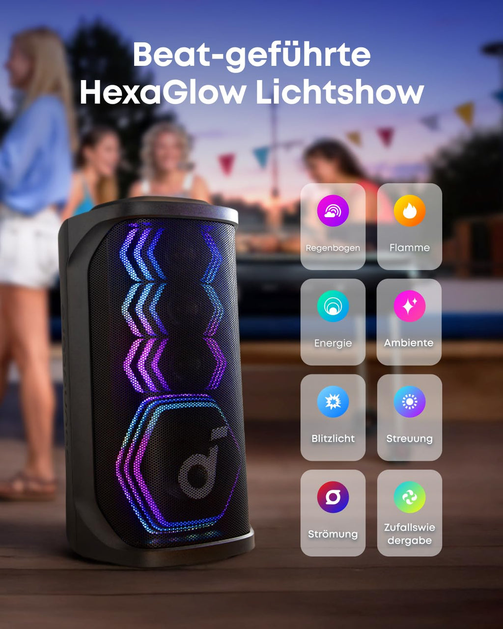 Partybox A31A3 200 W Bluetooth-Lautsprecher mit KI-Karaoke 12 Stunden Akkulaufzeit und 2 kabellosen Mikrofonen