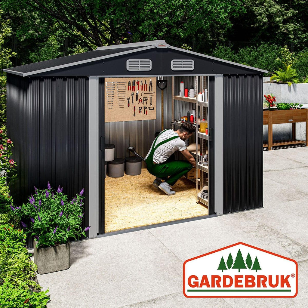 Metall Gerätehaus 260 x 205 x 180 cm mit Fundament Satteldach Schiebetür Belüftungsöffnungen 4 Haken
