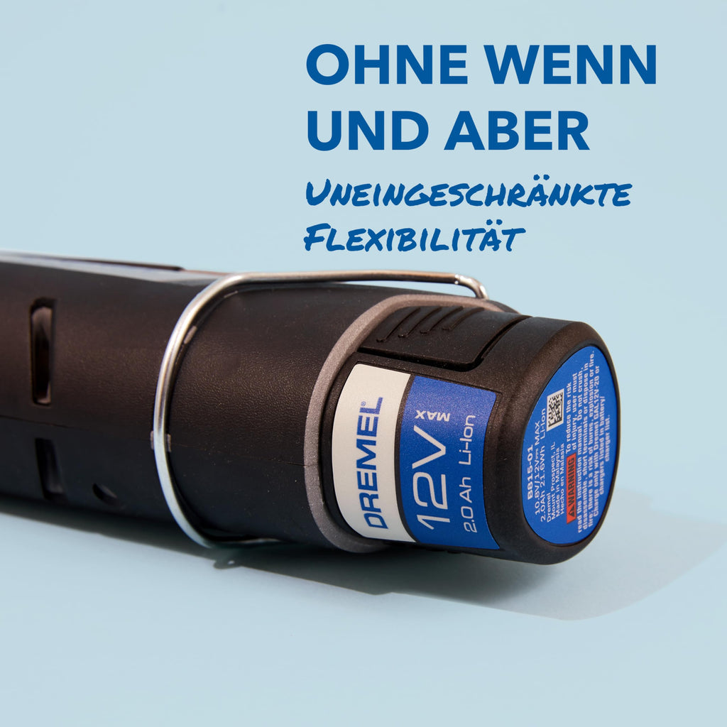 Akku-Multitool 12V 2Ah mit 2 Akkus, 5 Aufsätzen und 65 Zubehören in Dremel Box zum Schneiden, Gravieren, Schleifen und Polieren