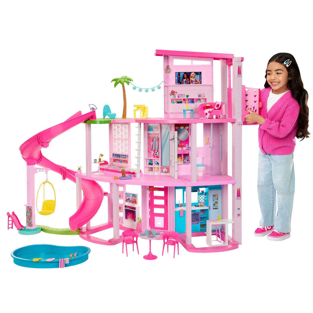 Maison de poupée enfant design 3 niveaux avec 10 espaces de jeu piscine toboggan ascenseur et 75 accessoires modèle HMX10