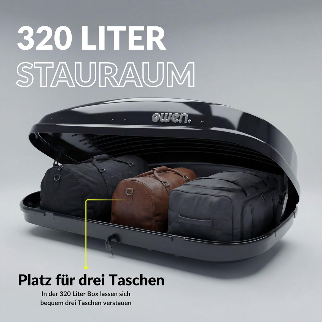 Dachbox Auto 320 L mit 75 kg Zuladung, aerodynamische Gepäckbox aus ABS, ASA und PC in Schwarz Glänzend mit Schnellspanner, beidseitiger Öffnung und