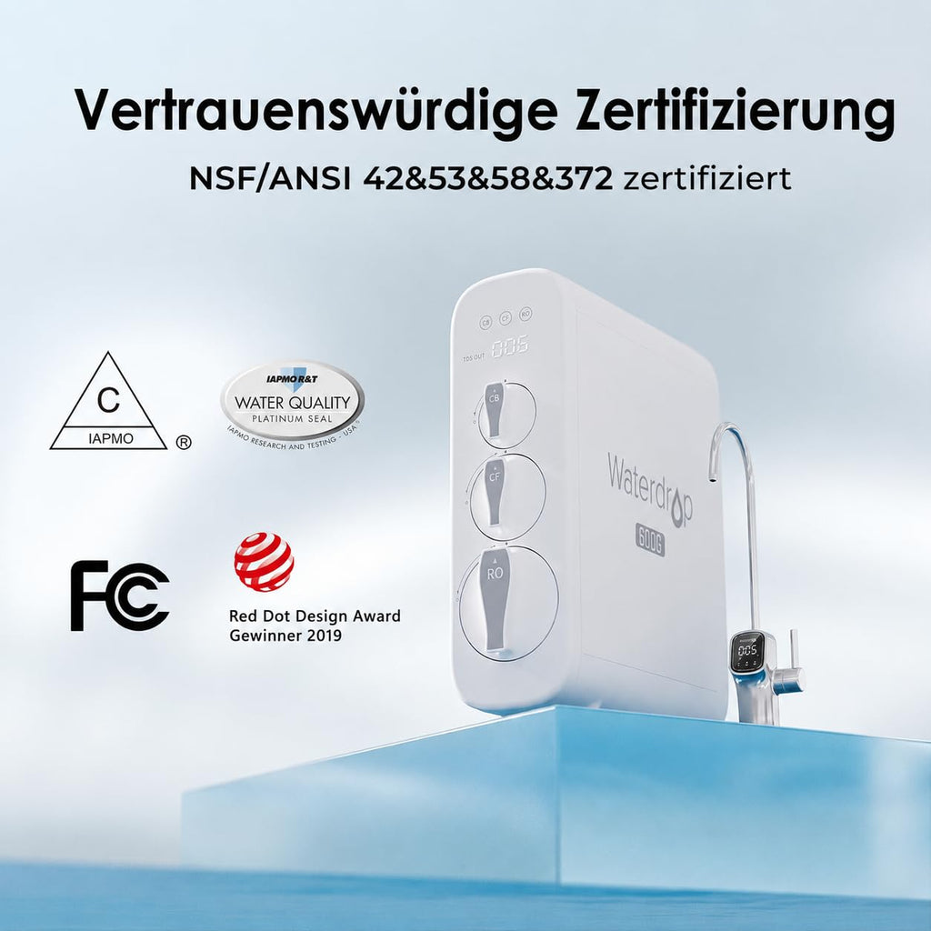 Umkehrosmoseanlage G3P600, 600 GPD, tanklos, mit Smart-Display-Wasserhahn und drei Filtern