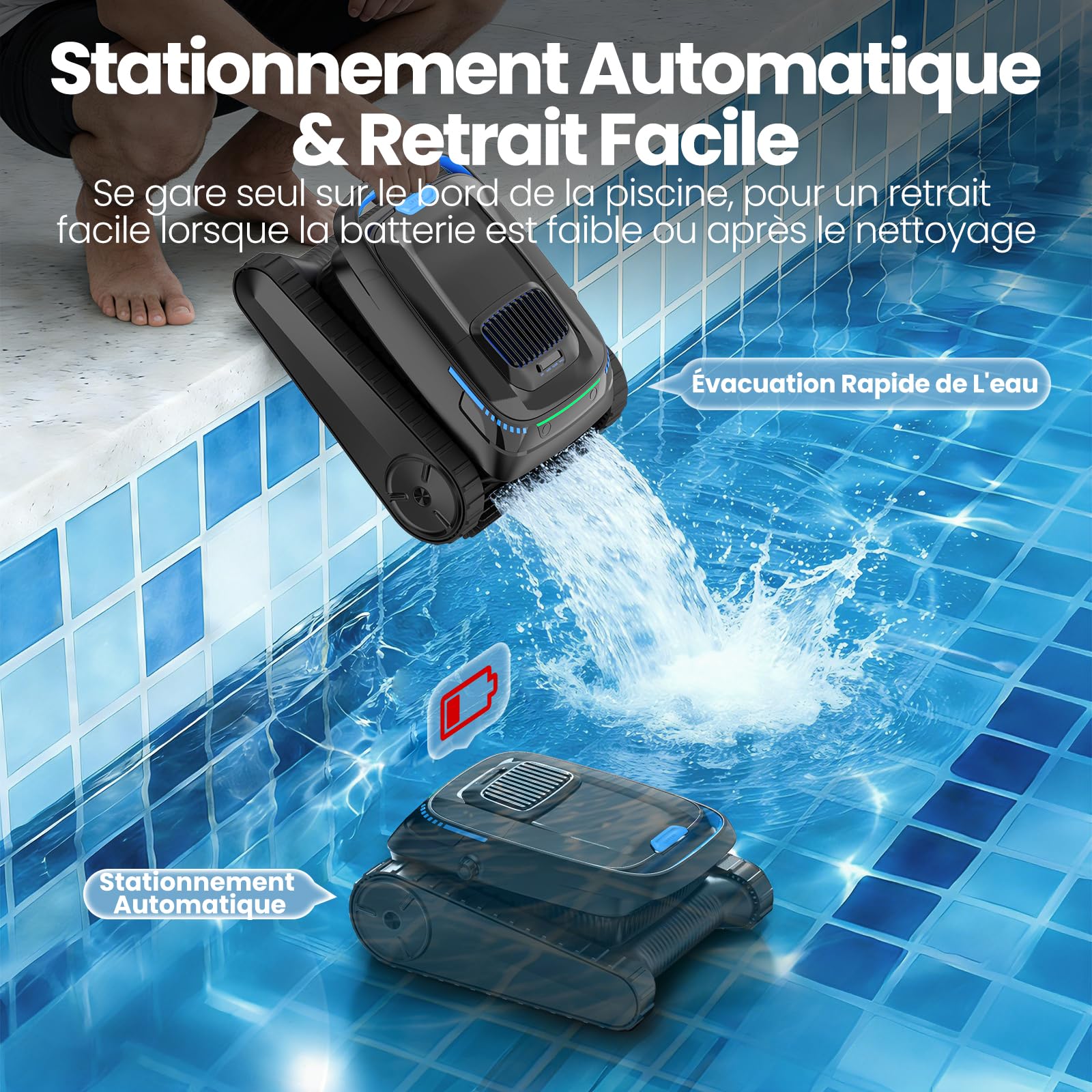 Robot de piscine sans fil PC10 pour nettoyage du fond des murs et de la ligne d'eau batterie 5200 mAh débit 18927 L/h
