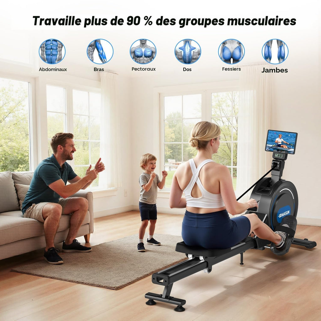 Rameur magnétique d'appartement 16 niveaux résistance double rail écran LED Bluetooth capacité 160 kg