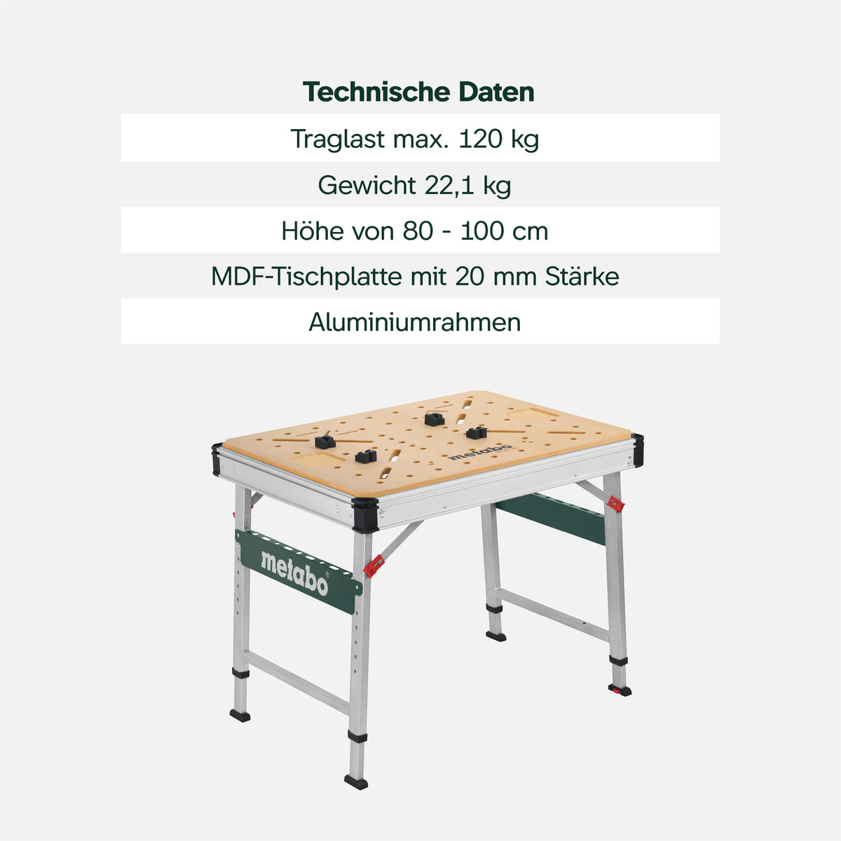 Multifunktionstisch MWB 100, klappbare Werkbank und Montagetisch mit 2 Einhandzwingen, 4 Bankhaken und 2 Eckverbindern