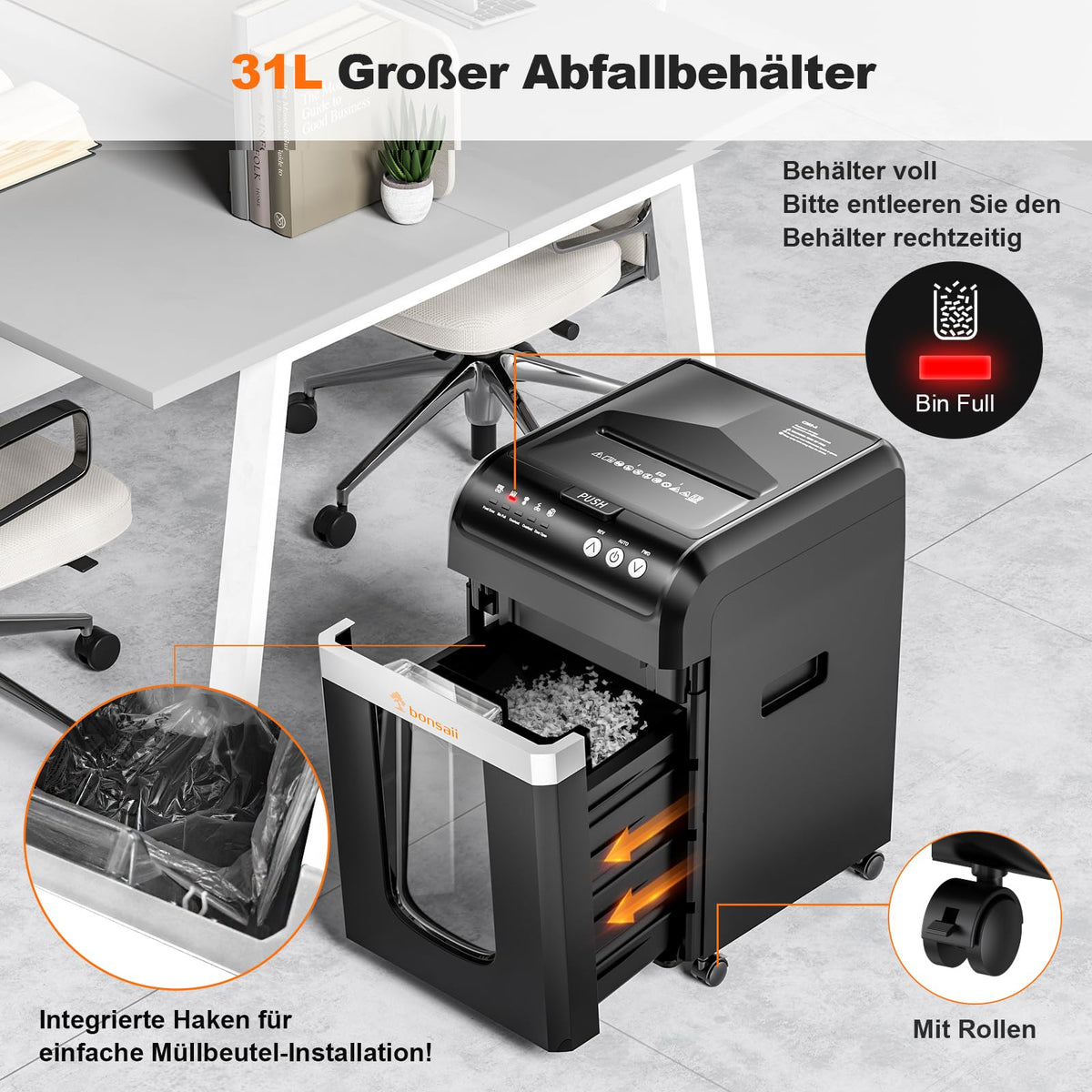 Aktenvernichter mit Auto-Feed für 200 Blatt, P-4 Mikroschnitt, 31 L Behälter, schwarz