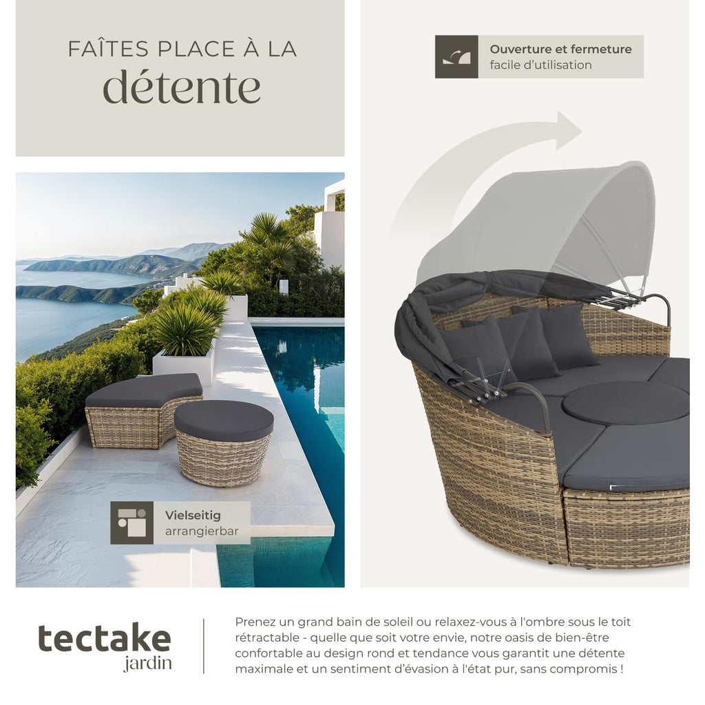 Bain de soleil jardin modulable Santorin II résine tressée 175 x 171 x 136 cm avec pare soleil pliable coussins inclus