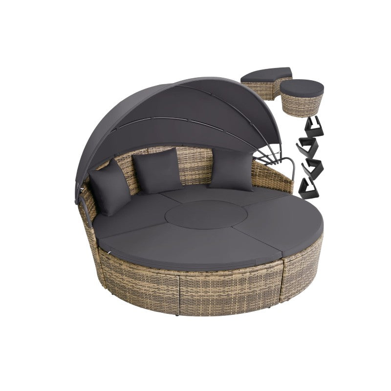 Bain de soleil jardin modulable Santorin II résine tressée 175 x 171 x 136 cm avec pare soleil pliable coussins inclus