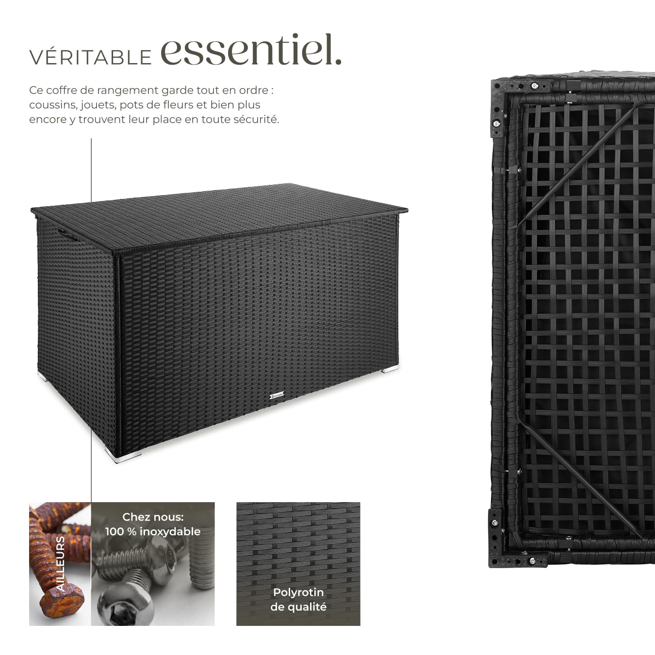 Coffre de jardin rangement extérieur polyrotin 750 L aluminium 145 x 82,5 x 79,5 cm couvercle rabattable