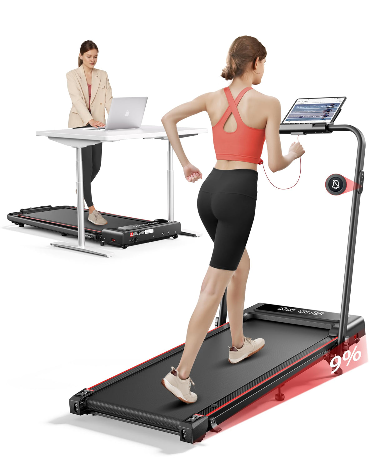 Klappbares Laufband 4-in-1 mit 9 % Neigung 12 km/h und 2,5 PS leisem Motor für Zuhause und Büro