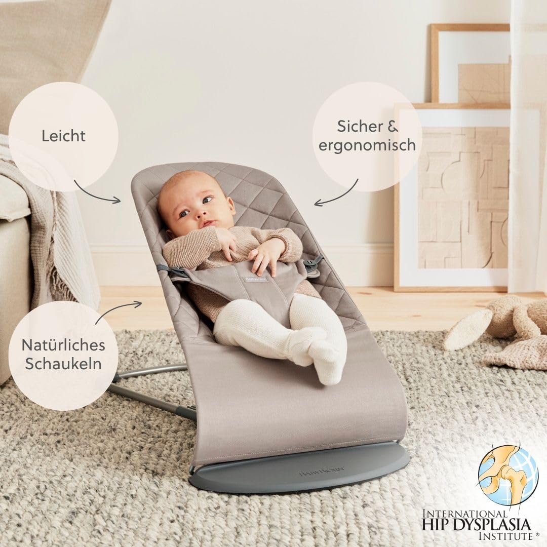 Babywippe Bliss ergonomisch 3,5–13 kg Sandgrau klassische Steppung natürliches Schaukeln 0–2 Jahre Stoff