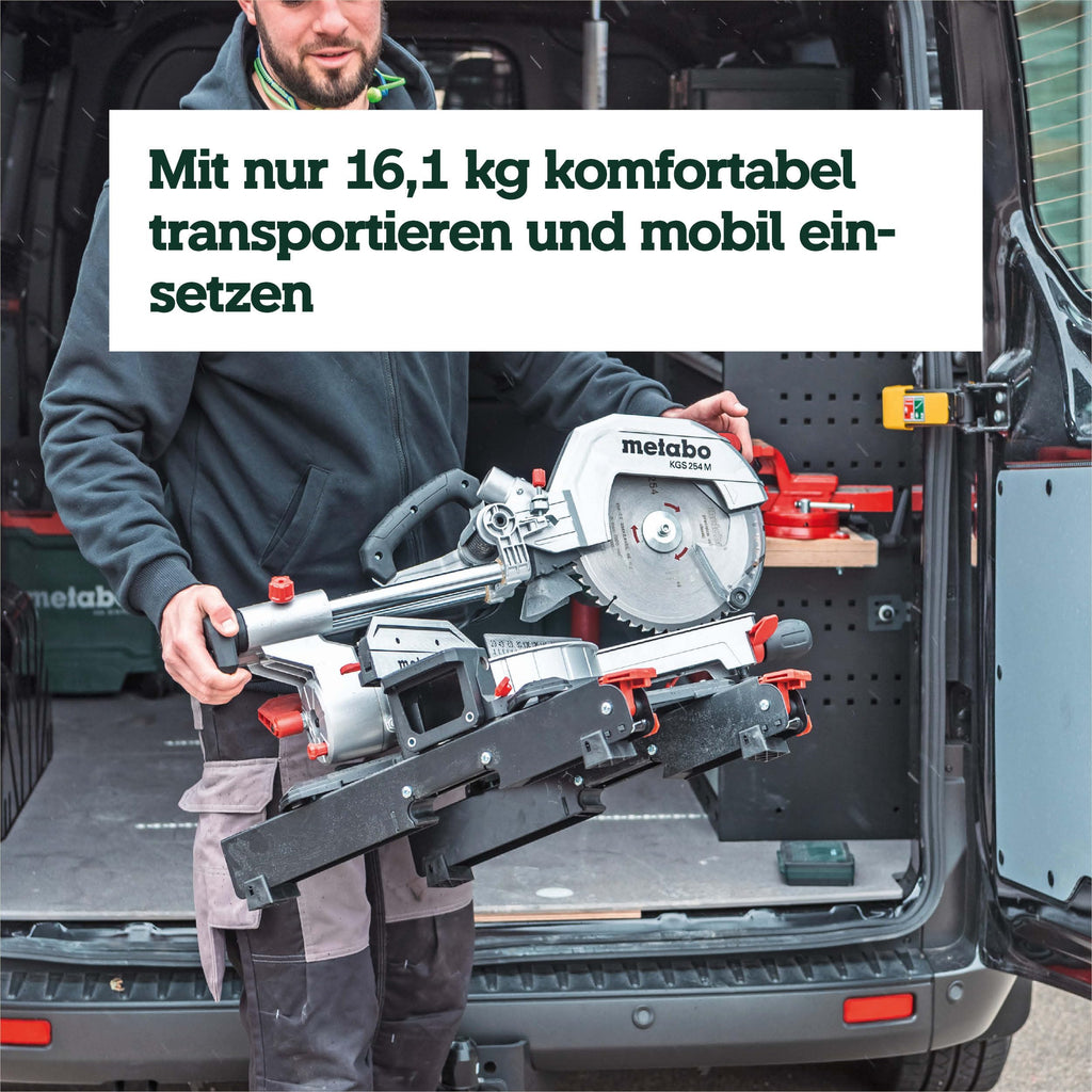 Kapp- und Gehrungssäge KGS 254 M mit Zugfunktion und 254 mm Sägeblatt, inkl. Materialklemme und Spänefangsack