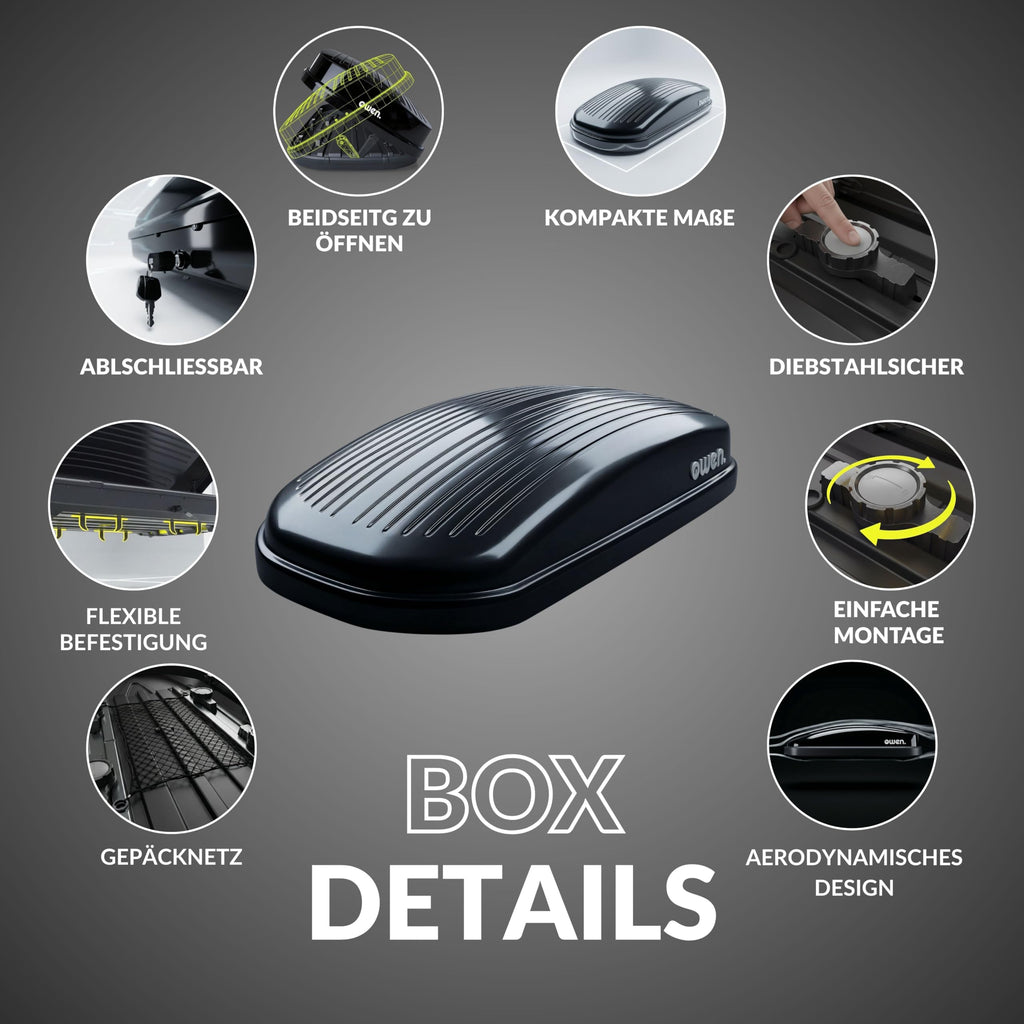 Dachbox Auto 320 L mit 75 kg Zuladung, aerodynamische Gepäckbox aus ABS, ASA und PC in Schwarz Glänzend mit Schnellspanner, beidseitiger Öffnung und