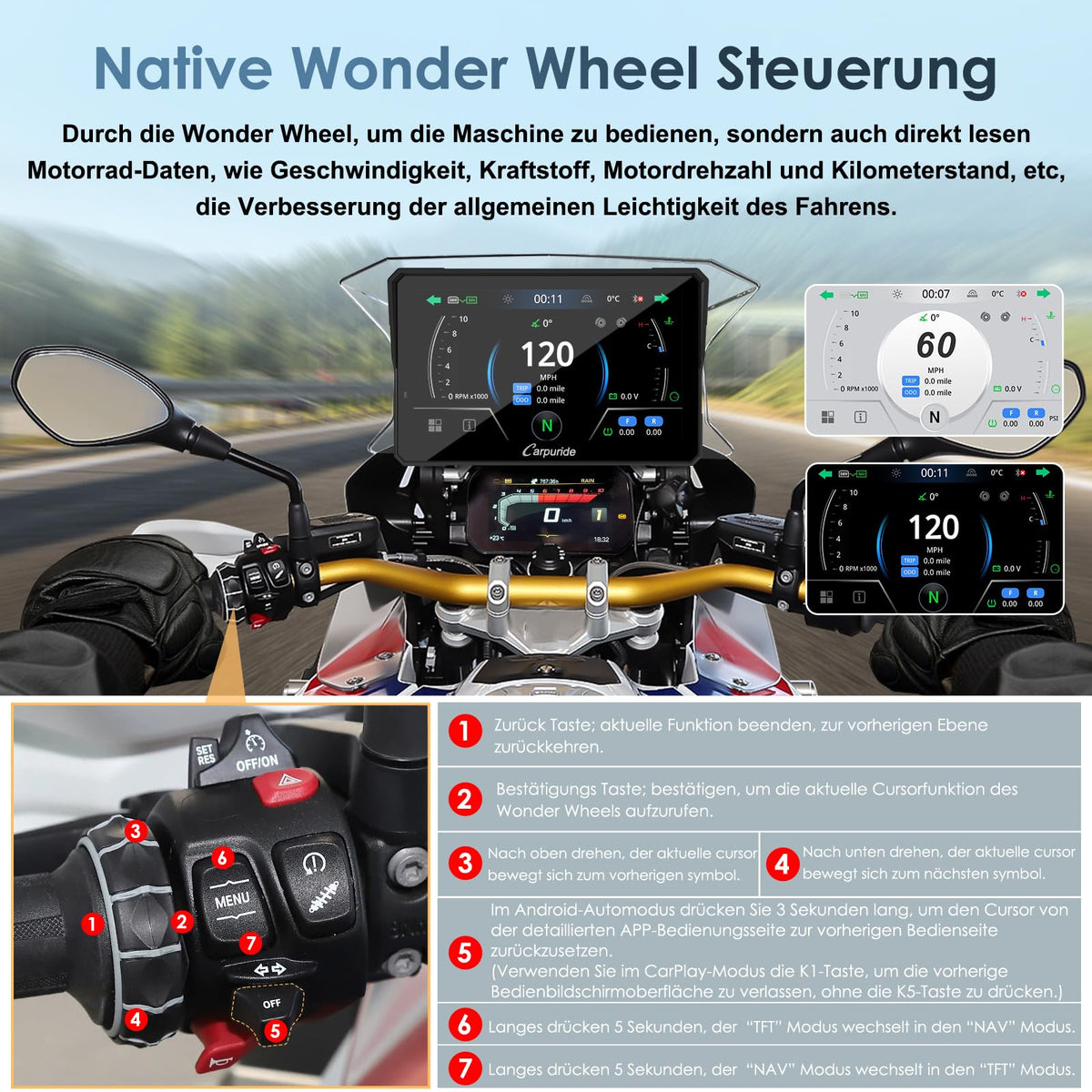 Motorrad CarPlay Display 702BS Pro 7 Zoll 1024 x 600 Wireless CarPlay Android Auto für BMW R1200GS R1250GS S1000XR R1300GS