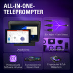 Teleprompter mit integriertem 9-Zoll-Display, 1024 x 600 px, USB-C, für Kameras mit Adapterringen 49-82 mm
