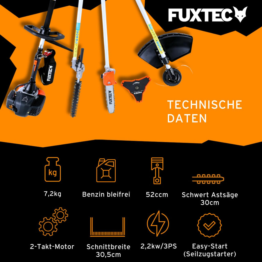 Benzin-Motorsense 4in1 Multitool 52 ccm 3 PS Kombigerät mit Fadenkopf, Langastschneider und Heckenschere