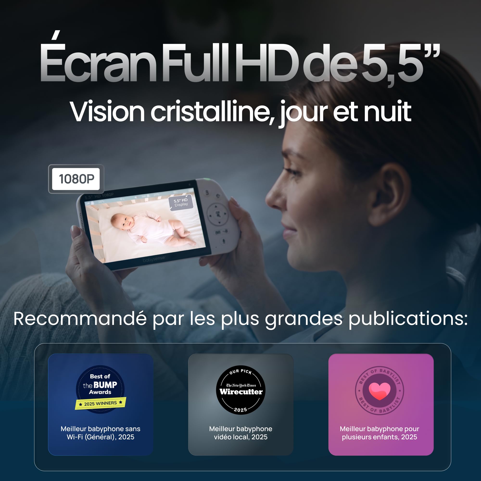 Moniteur bébé MVPRO-2CAM EU Full HD avec 2 caméras écran partagé veilleuse 6 couleurs connexion 2.4GHz FHSS sans WiFi