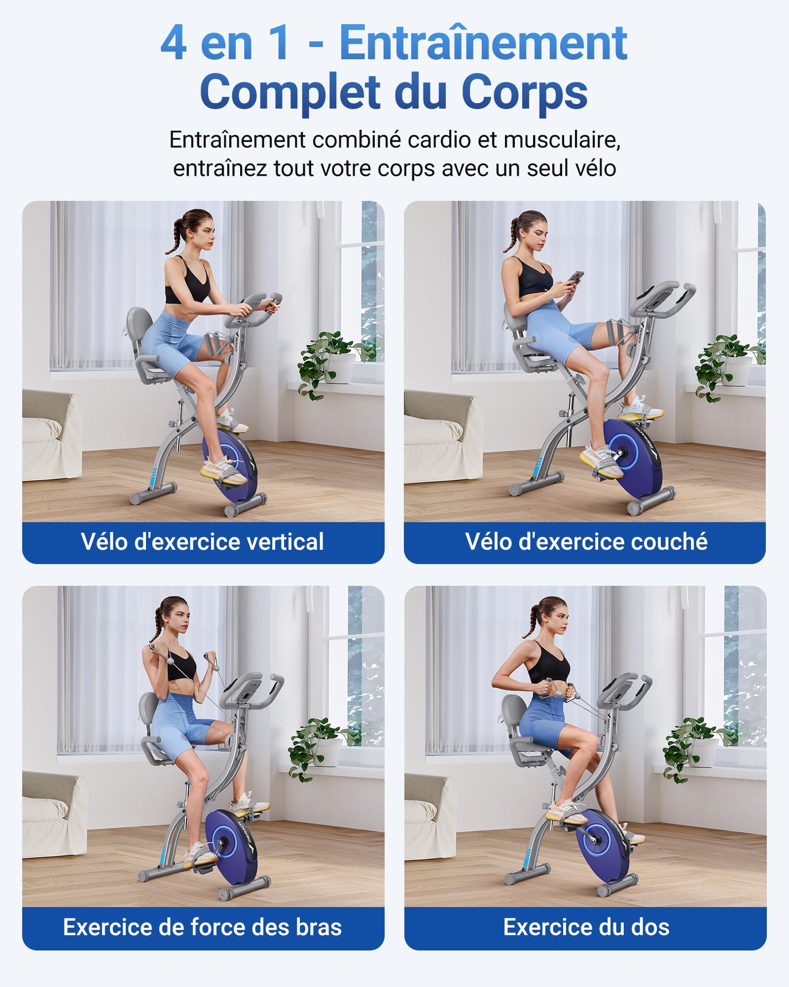 Vélo d'appartement pliable MR-S15H1 résistance magnétique 16 niveaux écran LCD avec application et bande de résistance