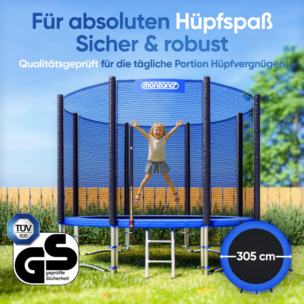 Trampolin Ø 305 cm Komplettset mit Sicherheitsnetz, Leiter und Randabdeckung, TÜV SÜD GS zertifiziert