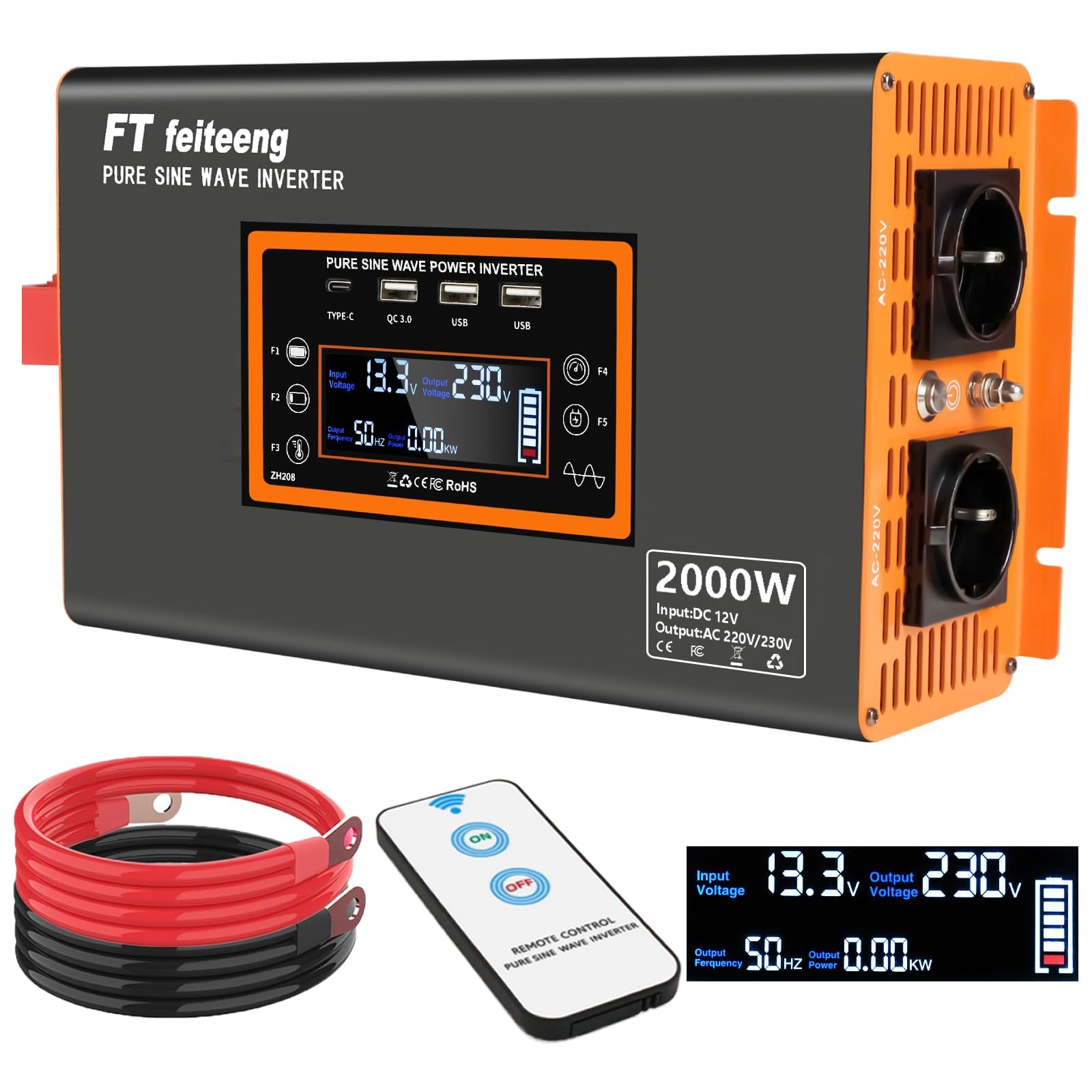 Convertisseur 12V 220V pur sinus 2000W avec puissance crête 4000W 2 prises CA port USB écran LCD et télécommande