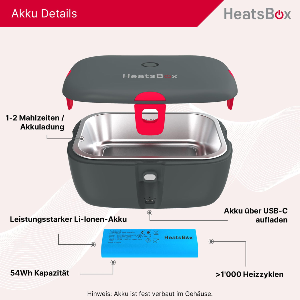 Elektrische Lunchbox mit Akku und App-Steuerung, 925 ml Edelstahl-Innenschale, auslaufsicher, 100 Watt