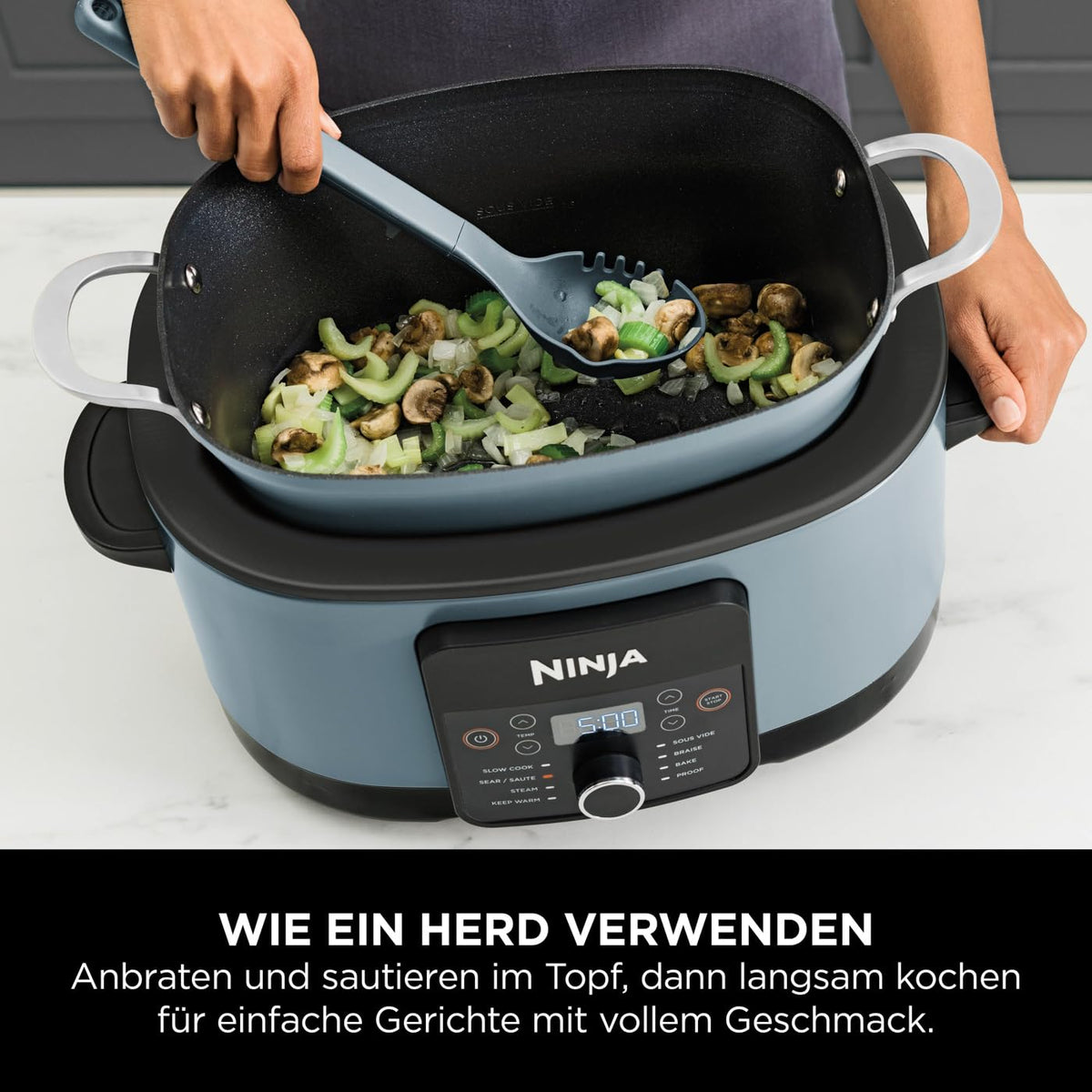Multikocher 8-in-1 mit 8 l Fassungsvermögen für bis zu 8 Portionen, 1200 W, antihaftbeschichteter und spülmaschinenfester Kochtopf, in Meersalzgrau