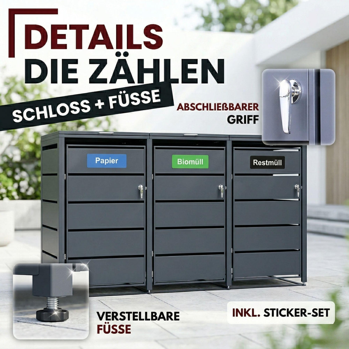 Mülltonnenbox 3er aus Metall für 120 bis 240 L Mülltonnen mit abschließbaren Türen 116 x 196 x 80 cm