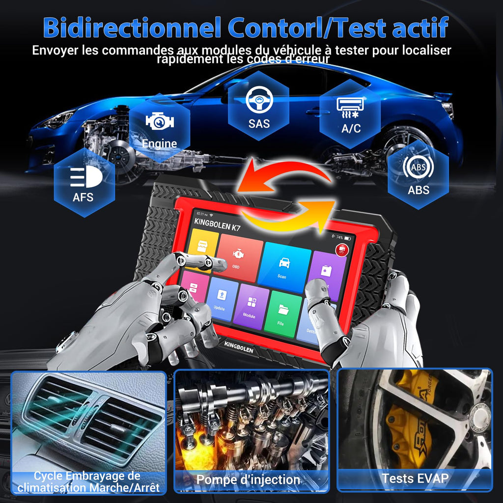 Valise diagnostic auto K7 OBD II écran 7 pouces codage ECU fonctions bidirectionnelles 31 services diagnostic tous systèmes
