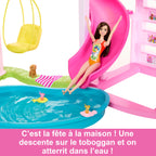 Maison de poupée enfant design 3 niveaux avec 10 espaces de jeu piscine toboggan ascenseur et 75 accessoires modèle HMX10