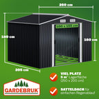 Metall Gerätehaus 260 x 205 x 180 cm mit Fundament Satteldach Schiebetür Belüftungsöffnungen 4 Haken