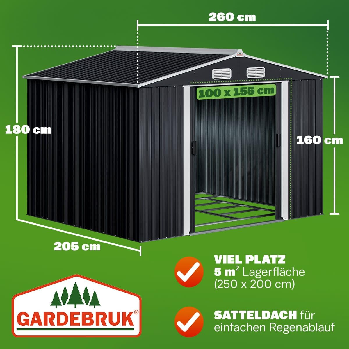 Metall Gerätehaus 260 x 205 x 180 cm mit Fundament Satteldach Schiebetür Belüftungsöffnungen 4 Haken
