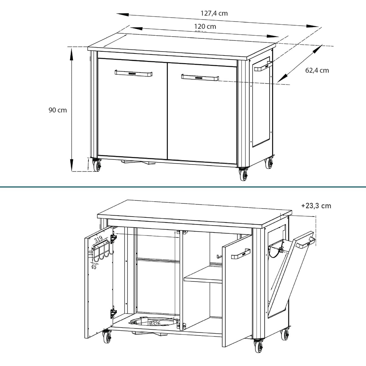 Outdoor-Gartenschrank mit Edelstahl-Arbeitsplatte, 2 Türen und 4 Rollen, 127 x 67 x 90 cm