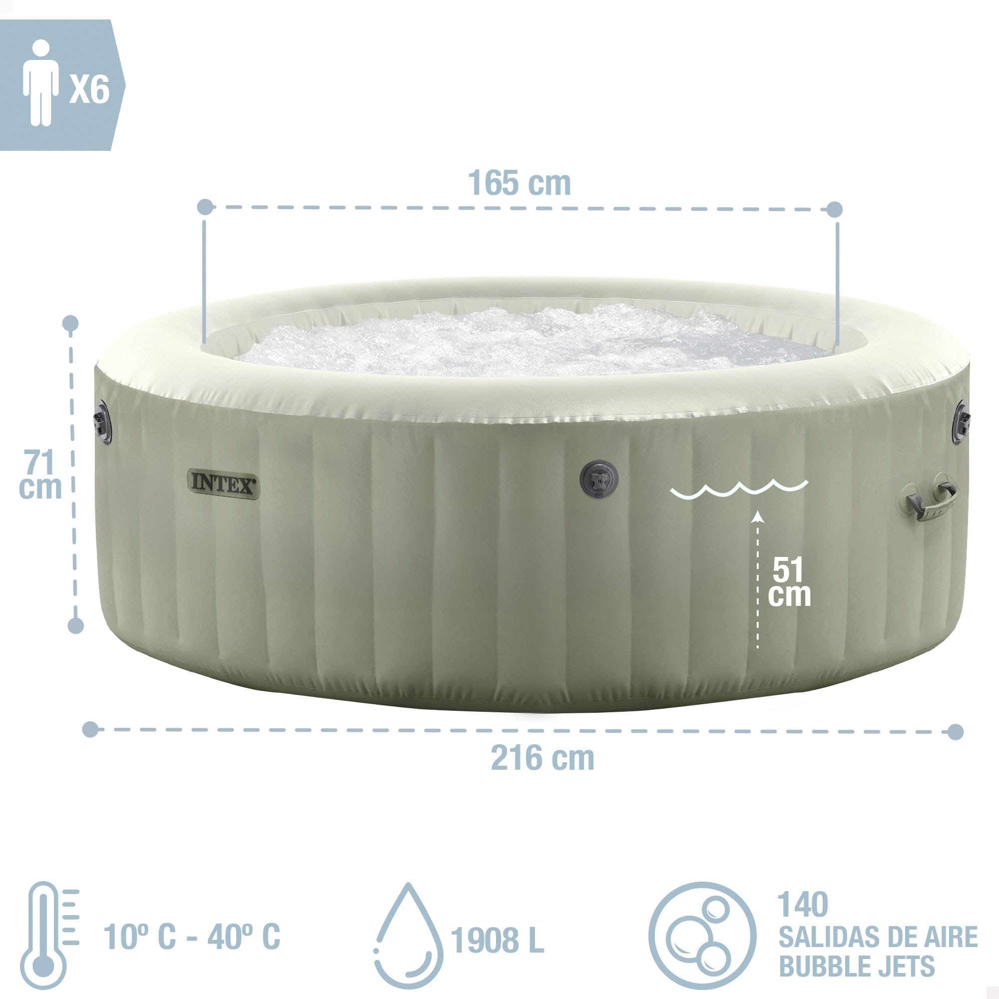 Spa gonflable PureSpa Olive 28428NP 6 places capacité 1098 litres avec diffuseur à bulles et accessoires de filtration