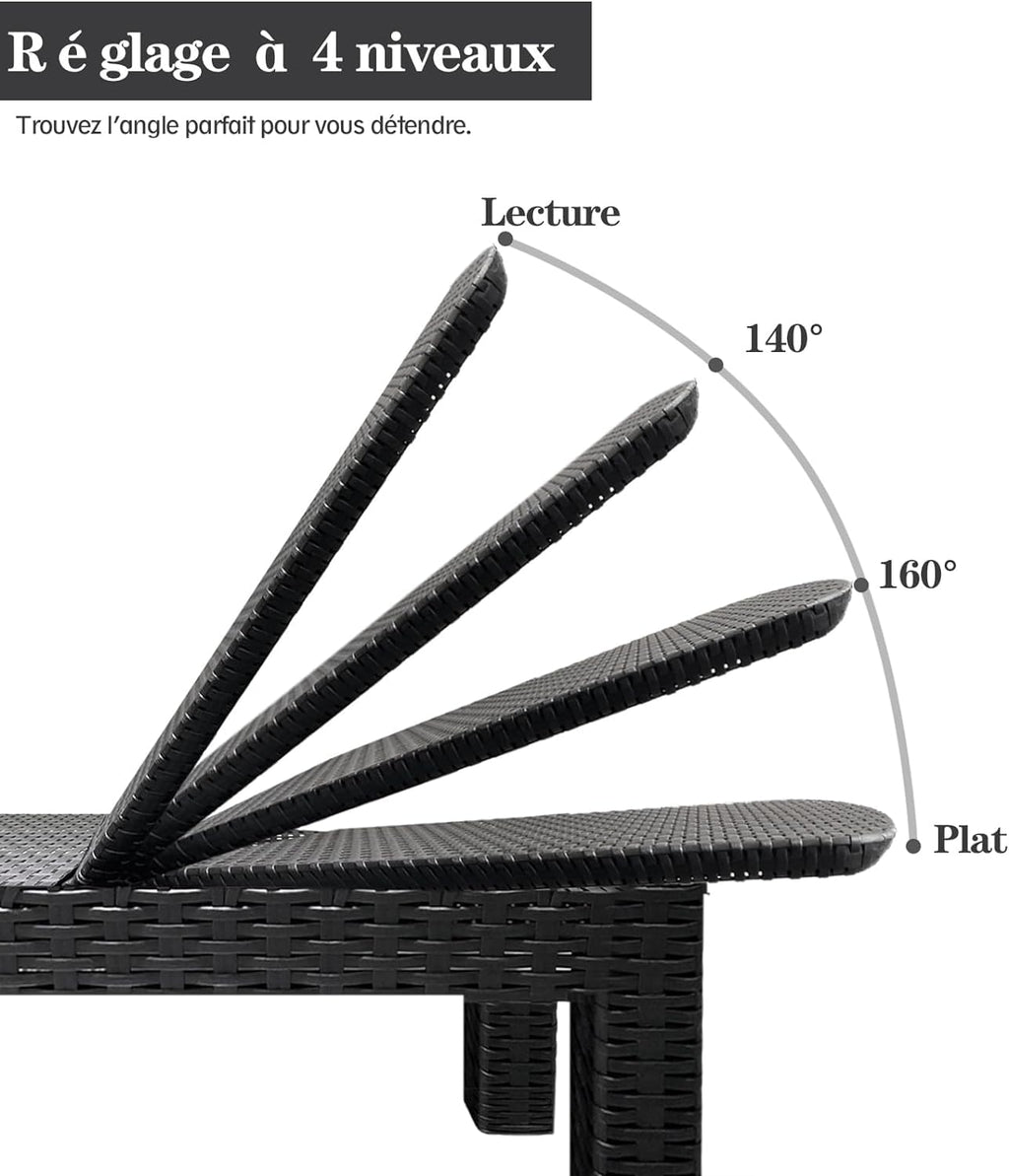 Bain de soleil jardin pliable dossier réglable en résine imitation rotin avec coussin lot de 2 dimensions 186 x 60 x 29 cm