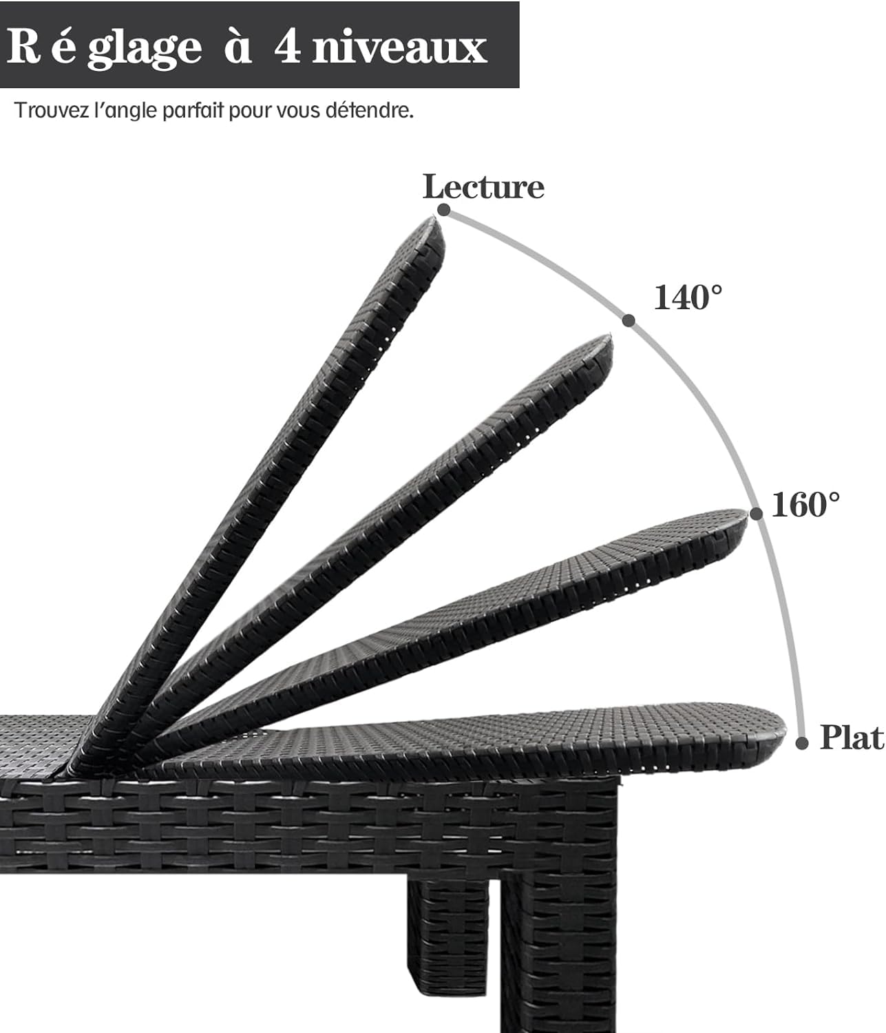 Bain de soleil jardin pliable dossier réglable en résine imitation rotin avec coussin lot de 2 dimensions 186 x 60 x 29 cm