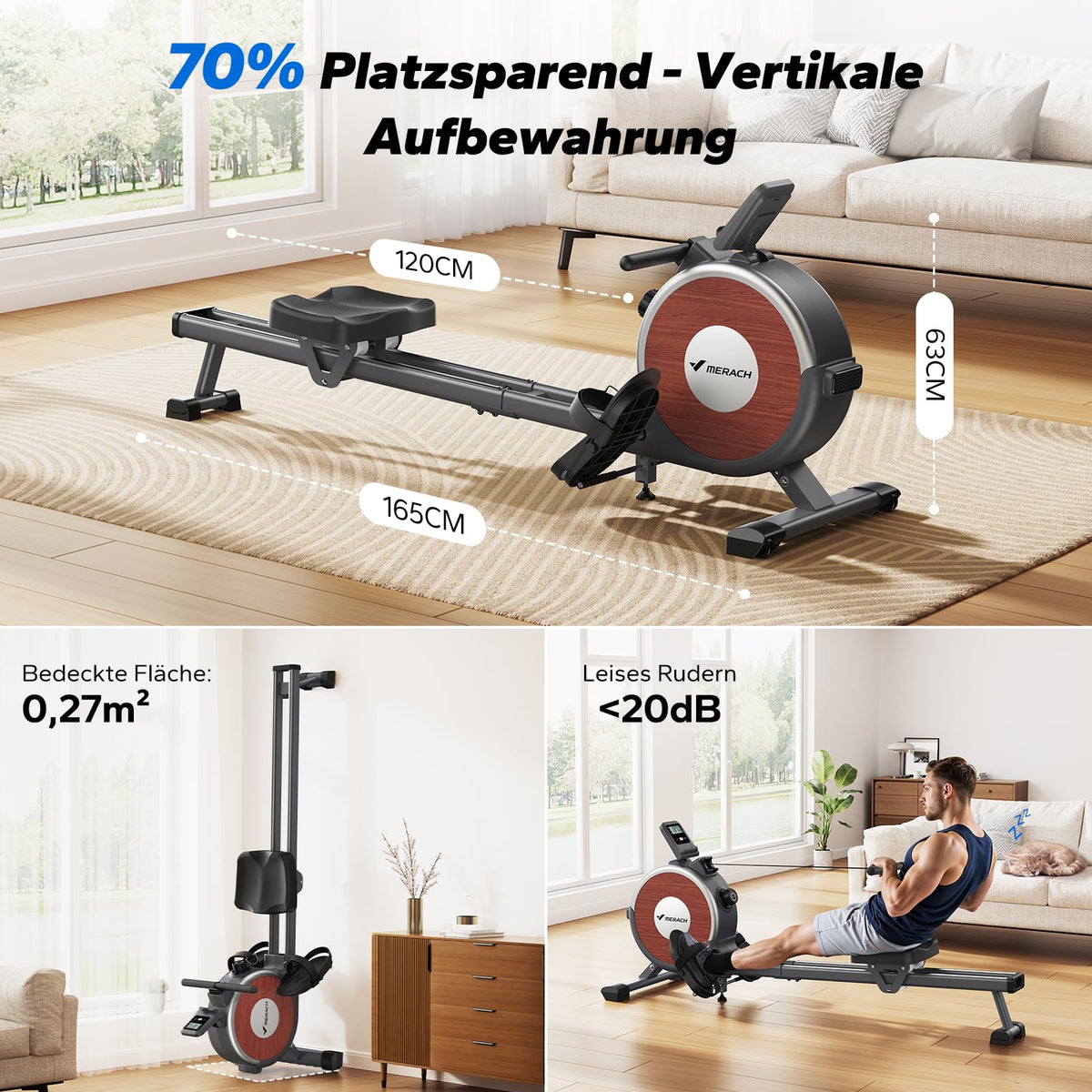 Rudergerät für Zuhause mit 16 magnetischen Widerstandsstufen, 3-kg-Schwungrad und App-Anbindung, klappbar