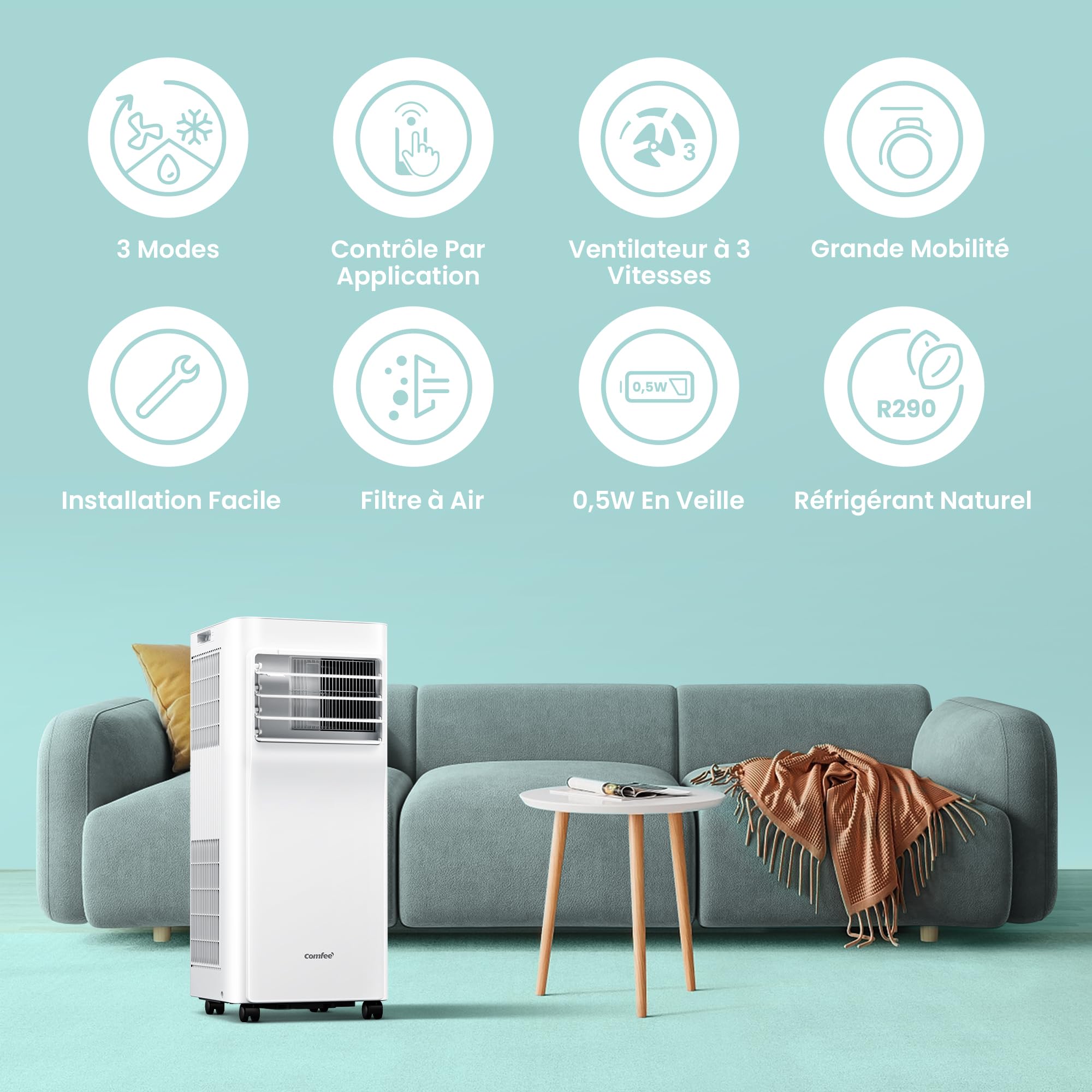 Climatiseur mobile Breezy Cool Pro 2.0 CPPA-07CRN7-QB6 7000 BTU 3 modes déshumidification Wi-Fi 3 vitesses