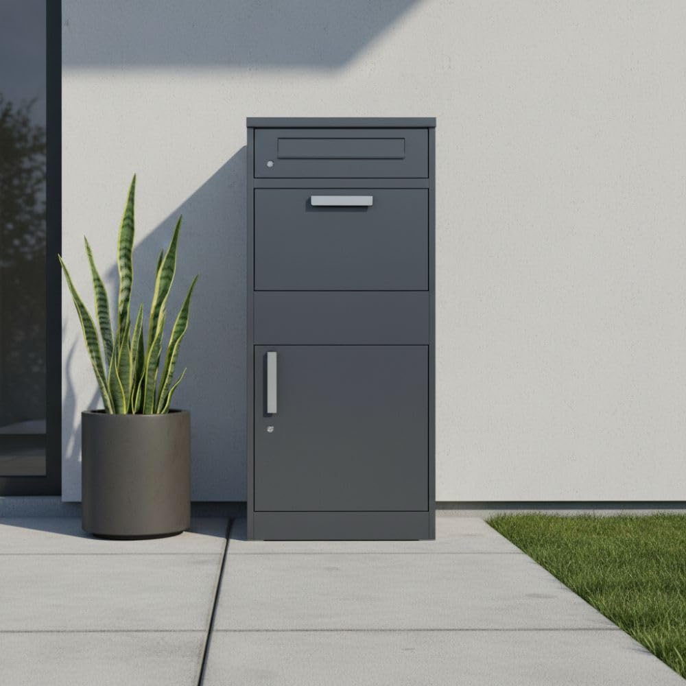 Freistehender Paketbriefkasten XXL mit Paketfach und Briefkasten, abschließbar, anthrazit, 112 cm hoch, inkl. 2 Schlüssel pro Schloss und Bodendübel